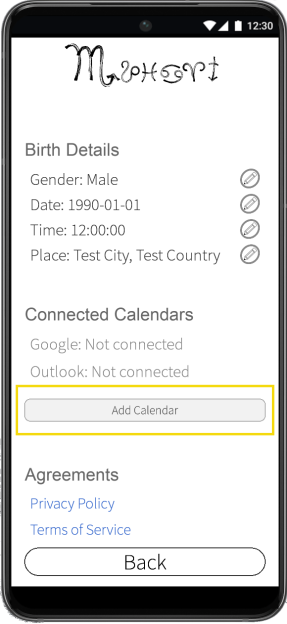 Add Calendar button on the My Profile screen