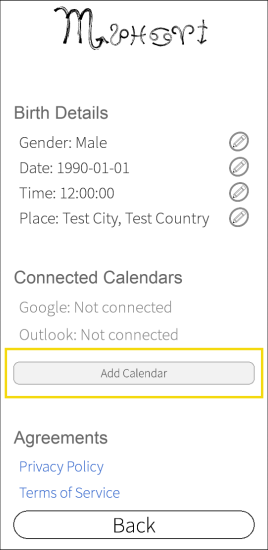 Add Calendar button on the My Profile screen