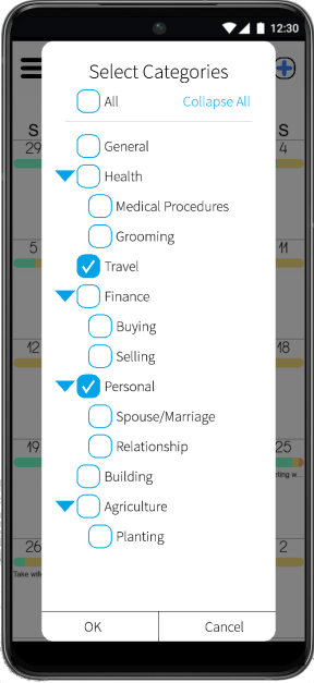 Category selection overlay with checkboxes
