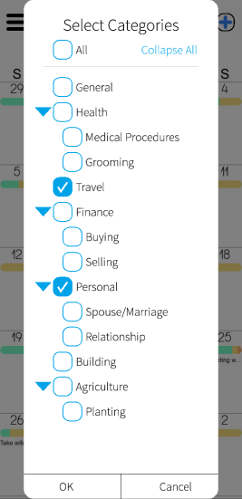 Category selection overlay with checkboxes