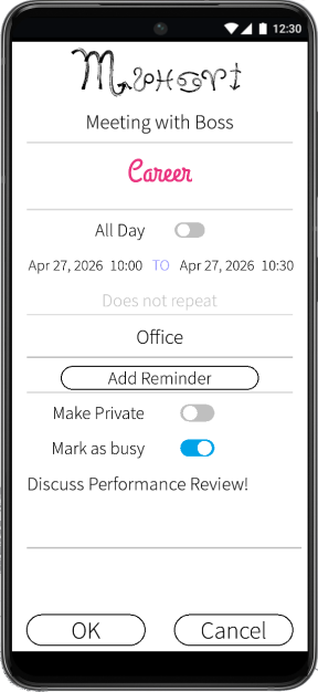 Creating an event in Muhoort with category, time, reminder and privacy options