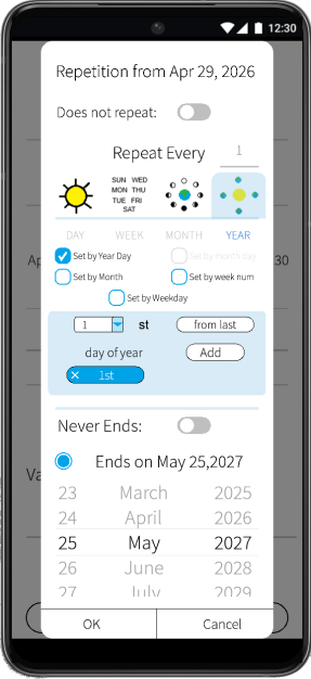 Recurrence picker showing daily/weekly/monthly options