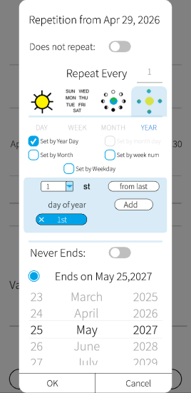 Recurrence picker showing daily/weekly/monthly options