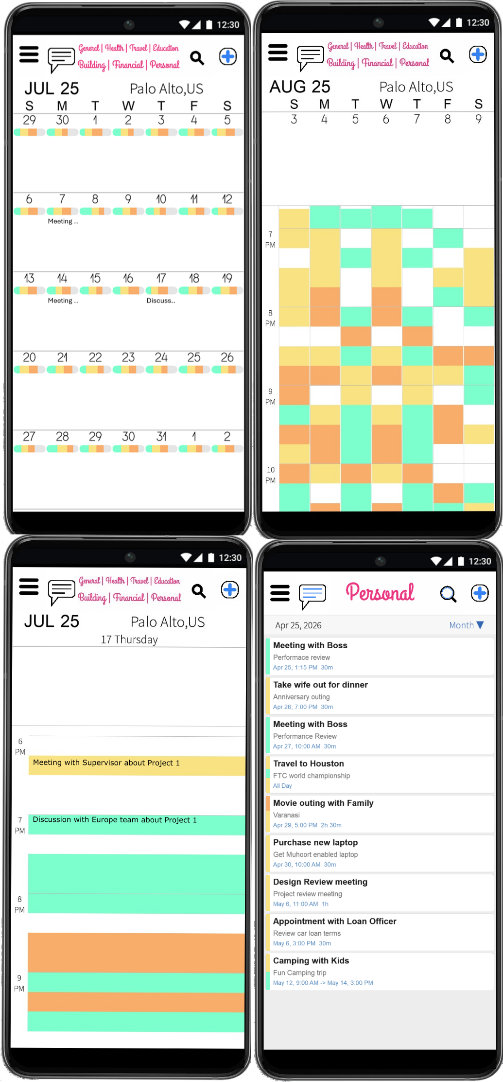 Muhoort day, week, month and list calendar views with coloured timing bands